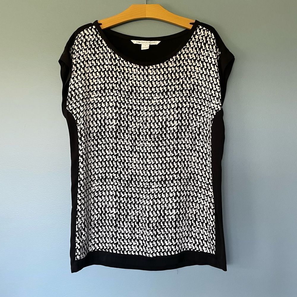 DVF Diane Von Furstenberg Silk Top 0 Cordelia Tweed Dash Black Shirt